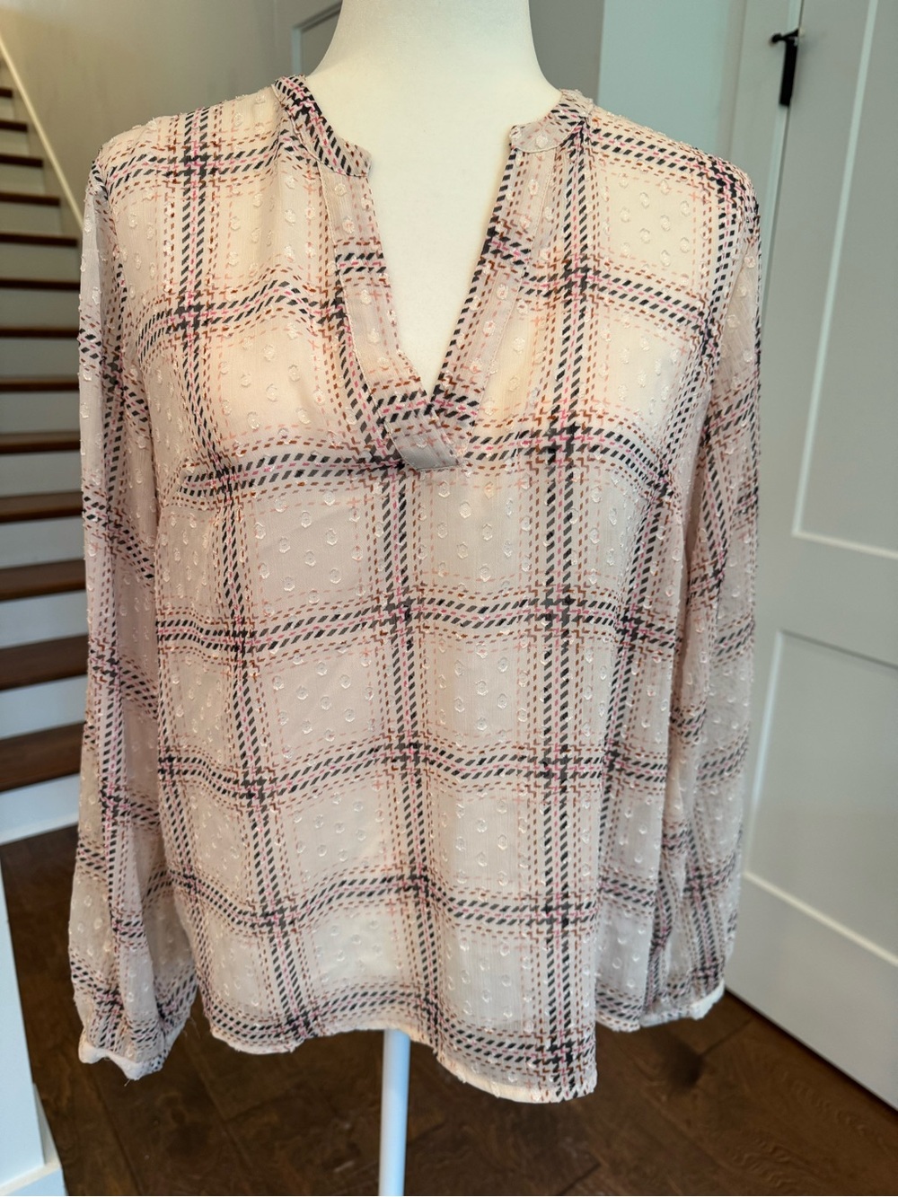 a new day cream Sheer Plaid V-Neck Blouse